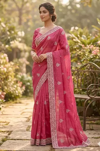 Pink cotton silk embroidered saree with sequins work