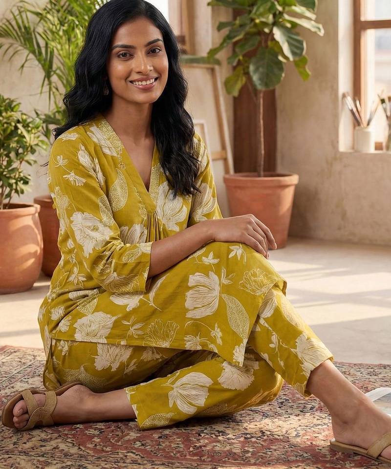 Yellow women floral printed regular pure cotton kurta with trousers
