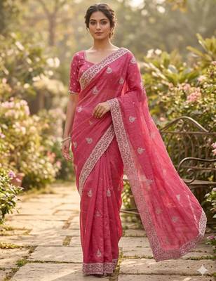 Pink cotton silk embroidered saree with sequins work 3