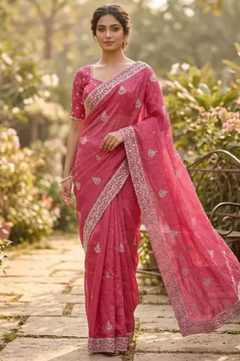 Pink cotton silk embroidered saree with sequins work