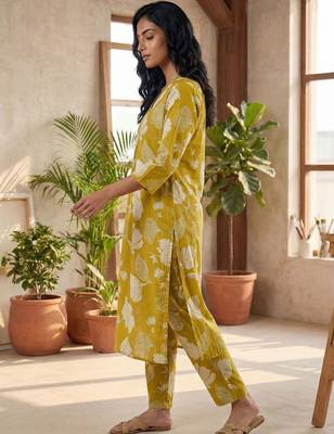 Yellow women floral printed cotton kurta with trousers 4