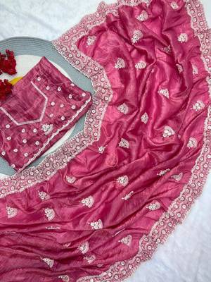 Pink cotton silk embroidered saree with sequins work 4