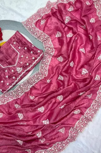 Pink cotton silk embroidered saree with sequins work