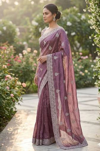 Purple cotton silk embroidered saree with sequins work