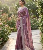 Purple cotton silk embroidered saree with sequins work