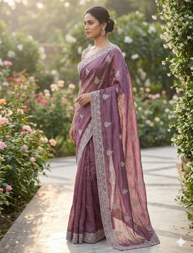 Purple cotton silk embroidered saree with sequins work
