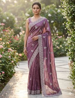 Purple cotton silk embroidered saree with sequins work 2
