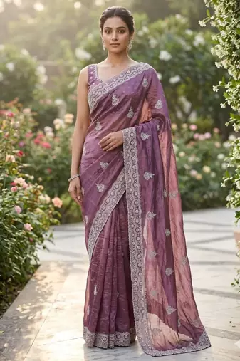 Purple cotton silk embroidered saree with sequins work