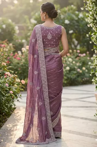 Purple cotton silk embroidered saree with sequins work