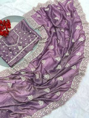 Purple cotton silk embroidered saree with sequins work 4