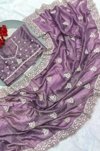 Purple cotton silk embroidered saree with sequins work