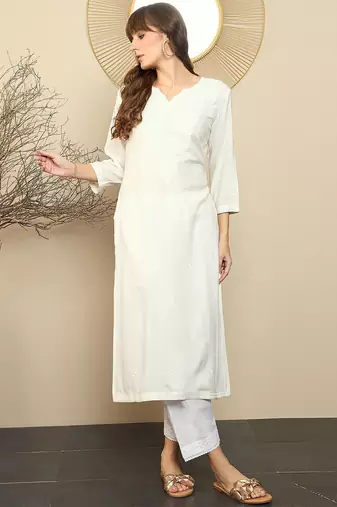 White women floral embroidered thread work straight kurta