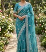 Sea green cotton silk embroidered saree with sequins work