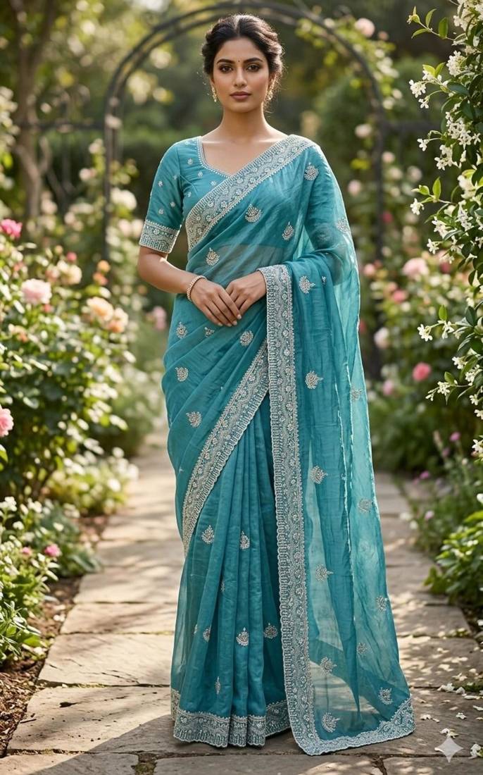Sea green cotton silk embroidered saree with sequins work