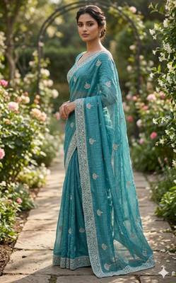 Sea green cotton silk embroidered saree with sequins work 2