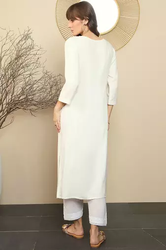 White women floral embroidered thread work straight kurta