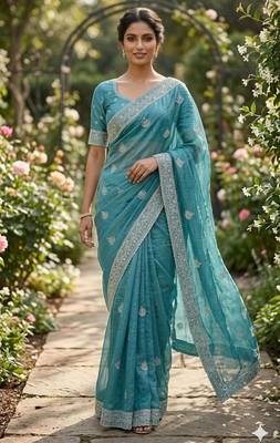 Sea green cotton silk embroidered saree with sequins work 3
