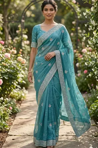 Sea green cotton silk embroidered saree with sequins work