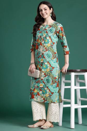 Sea green floral printed pure cotton kurta