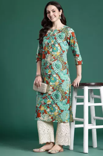 Sea green floral printed pure cotton kurta