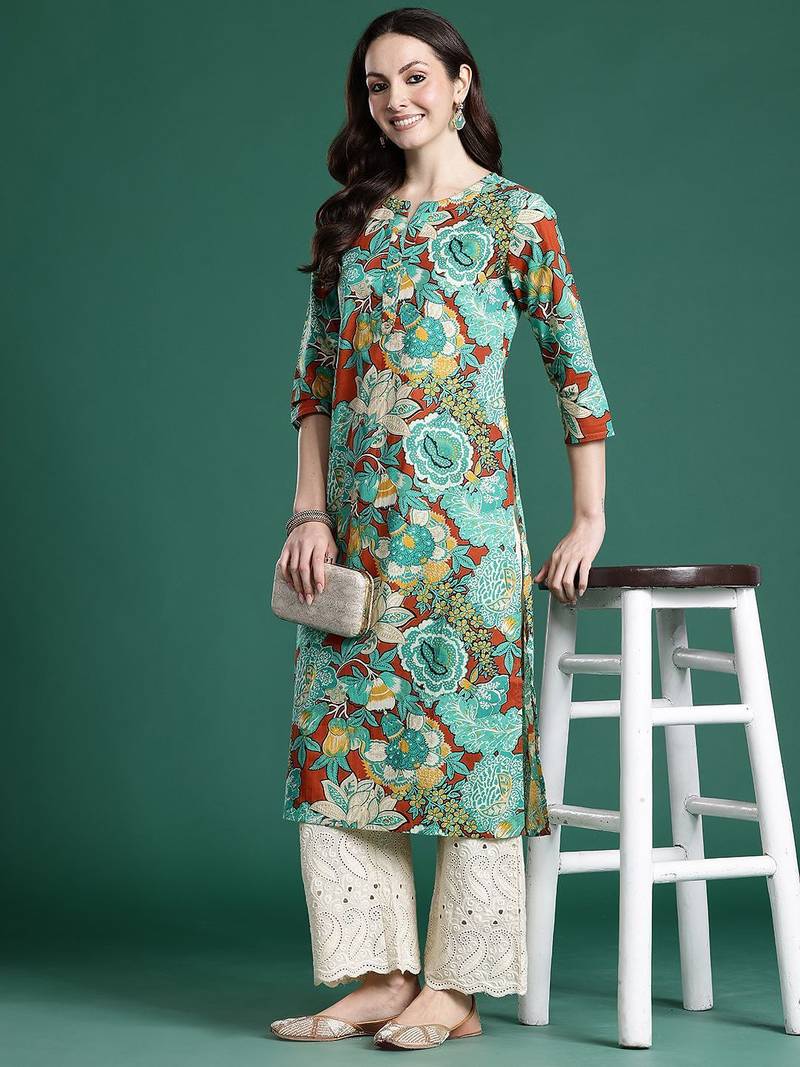 Sea green floral printed pure cotton kurta