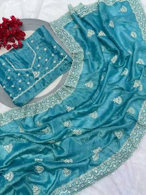 Sea green cotton silk embroidered saree with sequins work 4