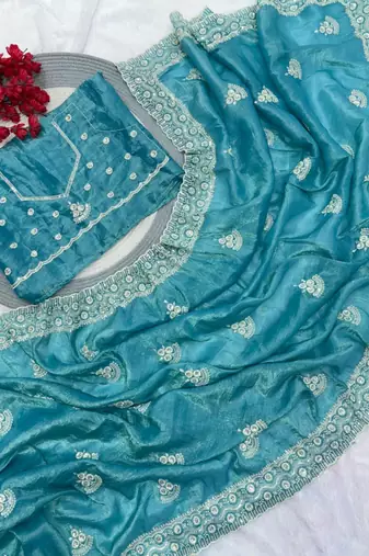 Sea green cotton silk embroidered saree with sequins work