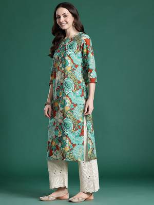 Sea green floral printed cotton kurta 3