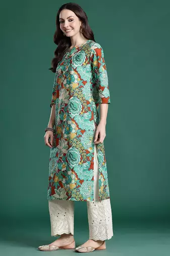 Sea green floral printed pure cotton kurta