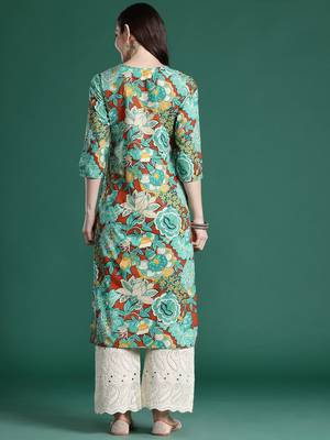 Sea green floral printed cotton kurta 4