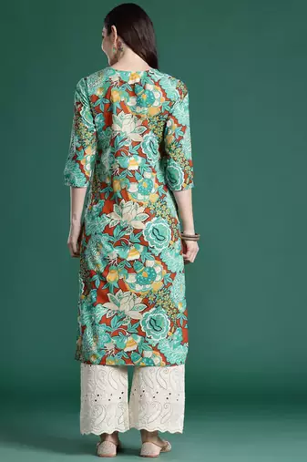 Sea green floral printed pure cotton kurta