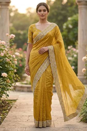 Mustard cotton silk embroidered saree with sequins work