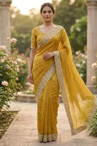 Mustard cotton silk embroidered saree with sequins work
