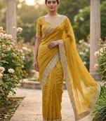 Mustard cotton silk embroidered saree with sequins work