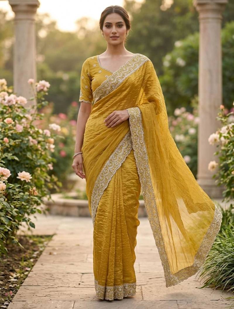 Mustard cotton silk embroidered saree with sequins work