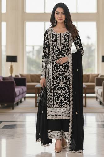Black color girlie butterfly net ceremonial salwar kameez for glamorous looks