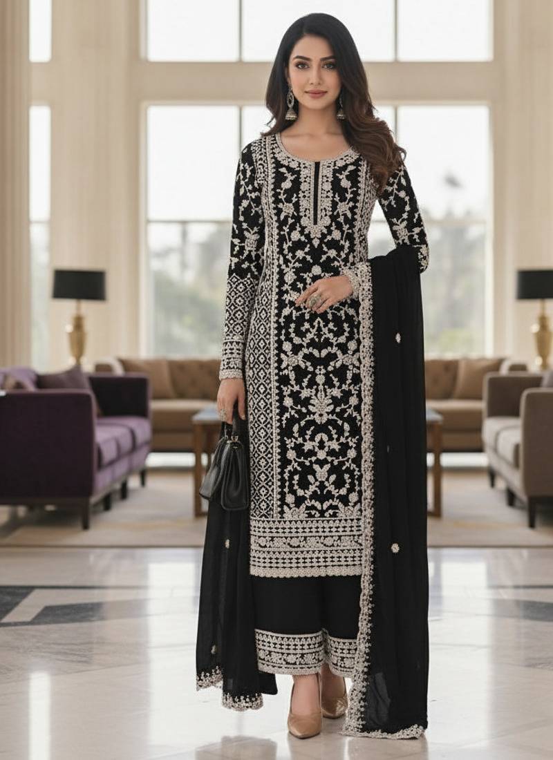 Black color girlie butterfly net ceremonial salwar kameez for glamorous looks