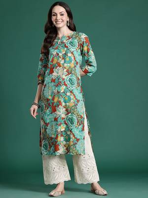 Sea green floral printed cotton kurta 5