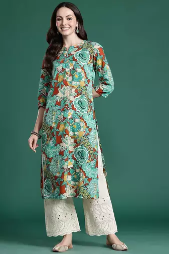 Sea green floral printed pure cotton kurta