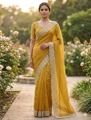 Mustard cotton silk embroidered saree with sequins work 2
