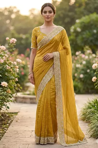Mustard cotton silk embroidered saree with sequins work