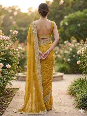 Mustard cotton silk embroidered saree with sequins work 3
