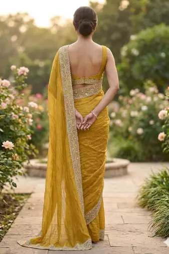 Mustard cotton silk embroidered saree with sequins work