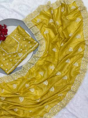 Mustard cotton silk embroidered saree with sequins work 4