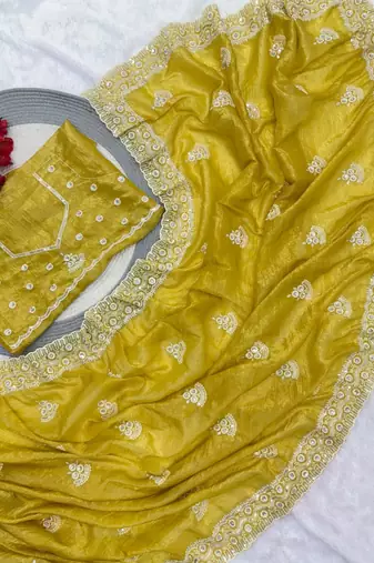 Mustard cotton silk embroidered saree with sequins work