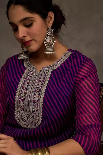 Purple women leheriya printed sequinned kurta
