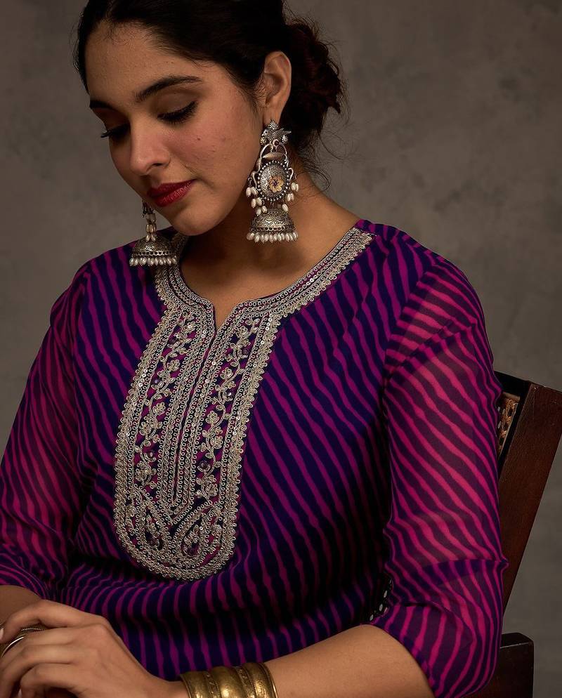 Purple women leheriya printed sequinned kurta
