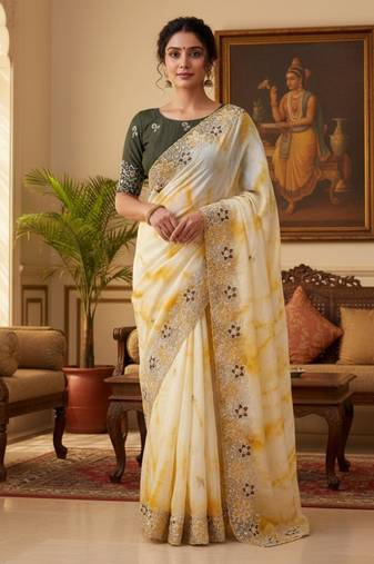 Cream silk blend embroidered saree with tie dye
