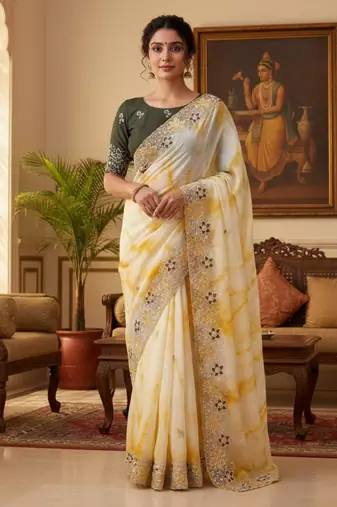 Cream silk blend embroidered saree with tie dye