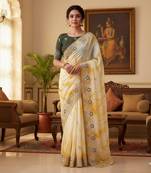 Cream silk blend embroidered saree with tie dye